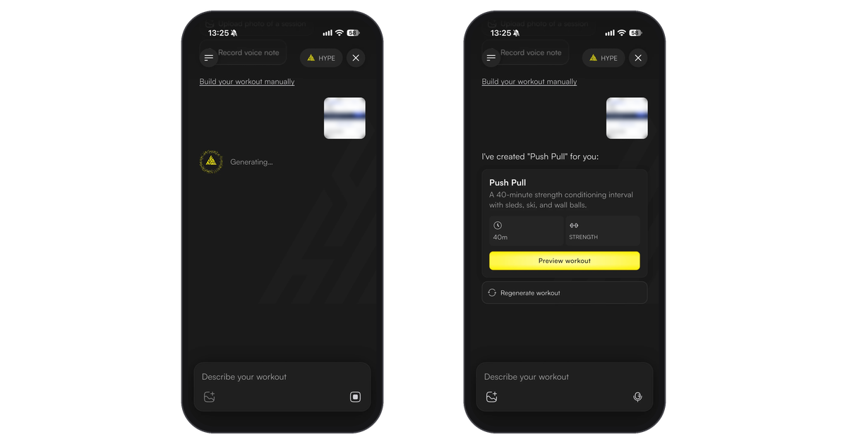 HYPE generating a workout from an uploaded photo, then the Push Pull workout card