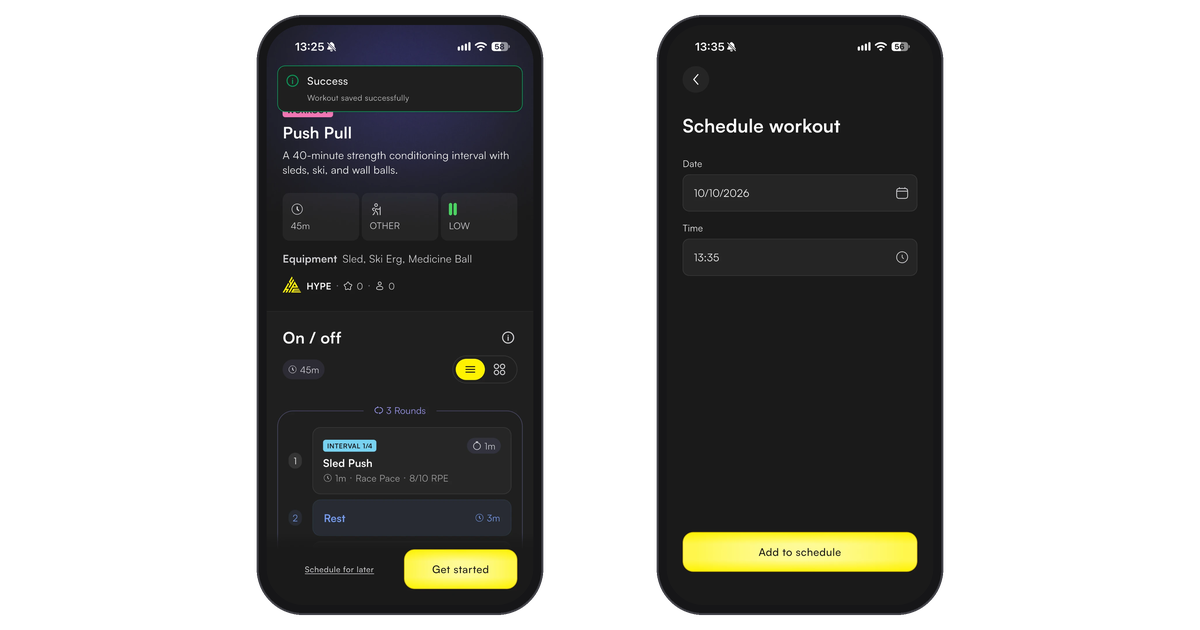 Workout saved successfully on the workout page, and the Schedule workout screen with date, time and Add to schedule
