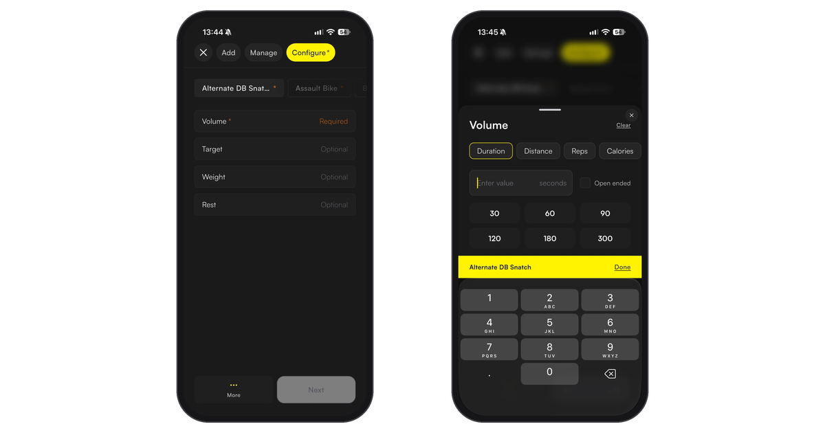 Configure screen with Volume required and Target, Weight and Rest optional, and the Volume sheet with Duration, Distance, Reps and Calories