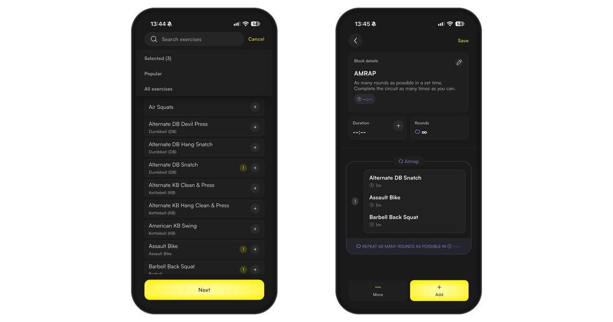 Exercise library with three exercises selected, and the AMRAP block with those exercises added