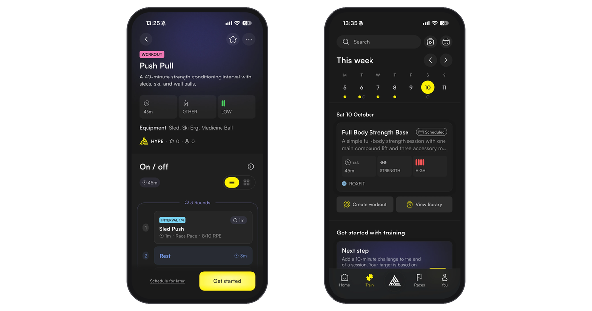 Workout page with Get started and Schedule for later, and a scheduled workout on its day in the Train tab