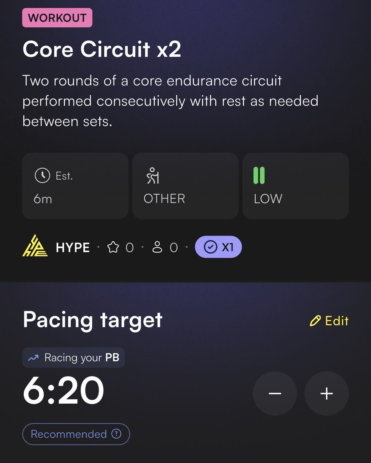 Pacing target racing your PB, with a recommended time shown alongside it