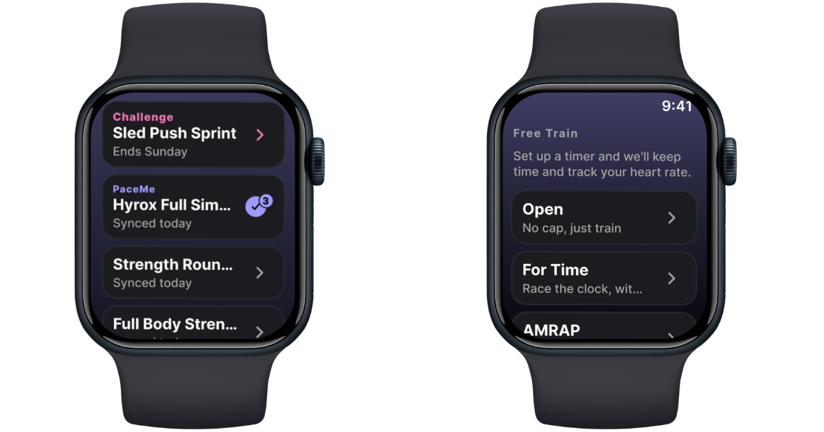 Apple Watch synced workout list, and the Free Train picker with Open, For Time and AMRAP