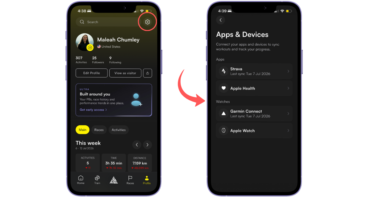 You tab > settings cog > Connected apps and devices showing Apple Watch option