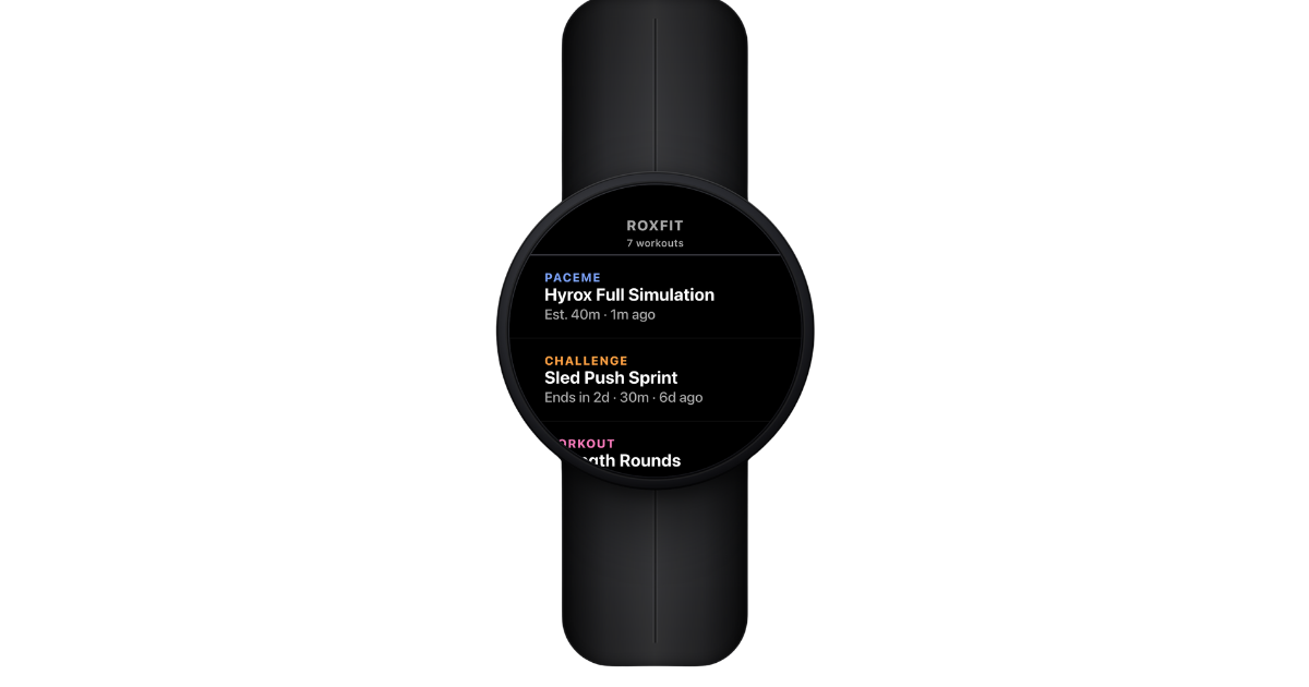 Garmin watch ROXFIT workout list with Race Goals, Challenge, and Workout items