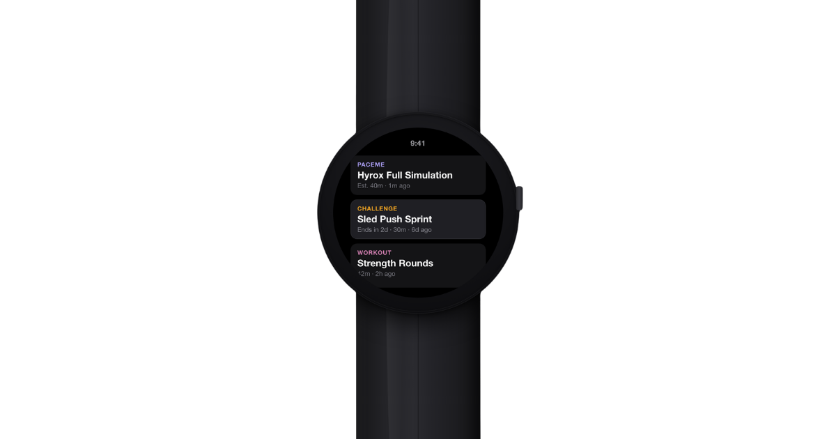 Wear OS watch ROXFIT workout list with Race Goals, Challenge, and Workout items